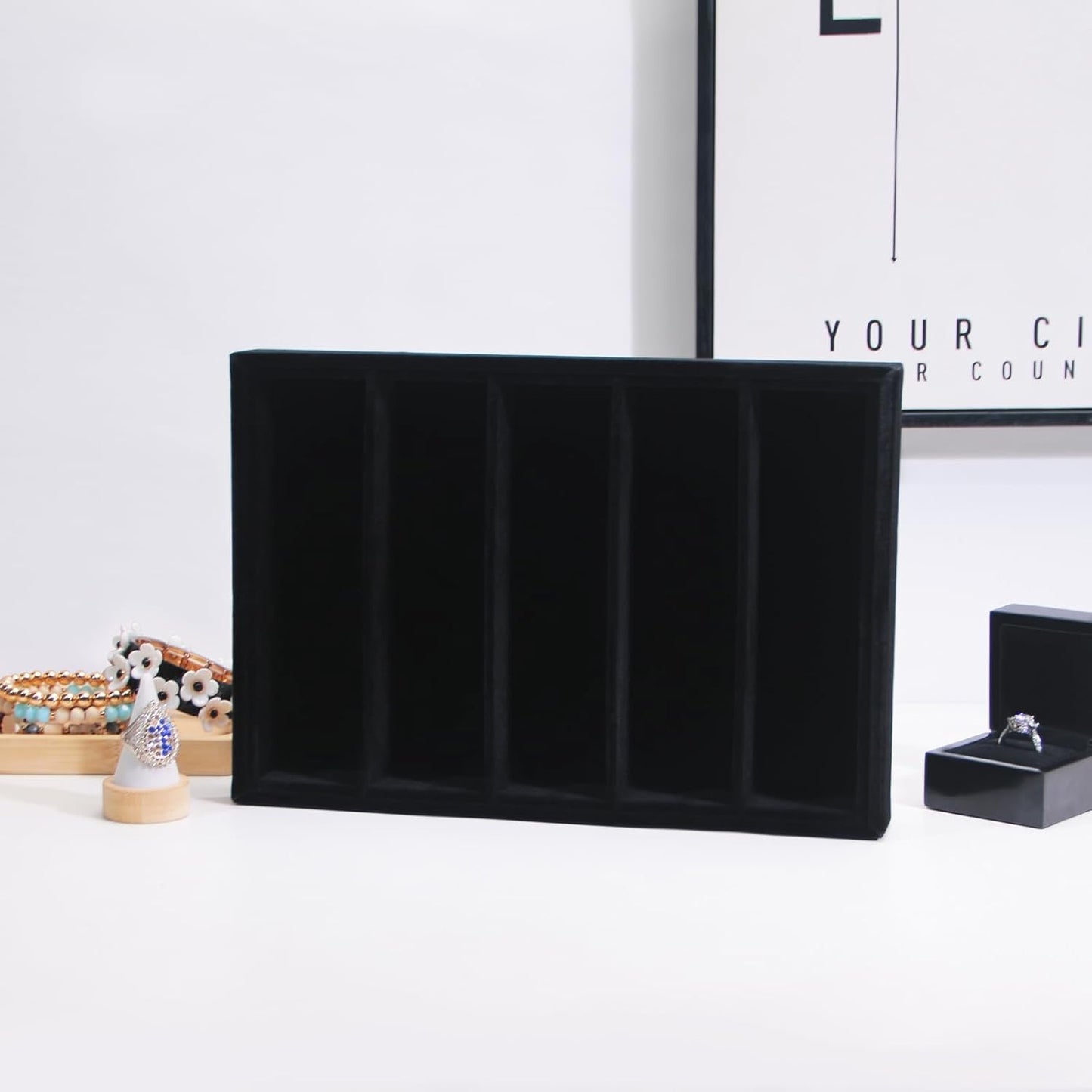 Bedside Organizer - Multi-use Holder for Desk Drawer, Nightstand, Desktop - Catchall Tray for Jewelry, Sunglasses, Phone, Watch, Perfume, Lipstick (Beige 5Grid)