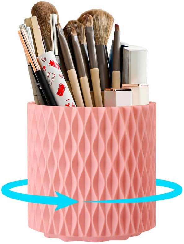 Makeup Brush Holder Organizer, 360° Rotating 5-Slot Make up Brushes Cup for Cosmetic, Lipstick, Hair Brush Holder - Spinning Vanity Countertop Caddy for Bathroom, Dorm & Office, Black