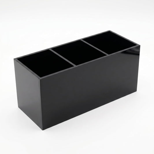Black Acrylic Pen Holder for Desk, 3 Compartment Desktop Organizer & Pencil Cup, Makeup Brush Holder for Countertop, Multi-functional Pen Pencil Brushes Holders Caddy (Glossy Black)