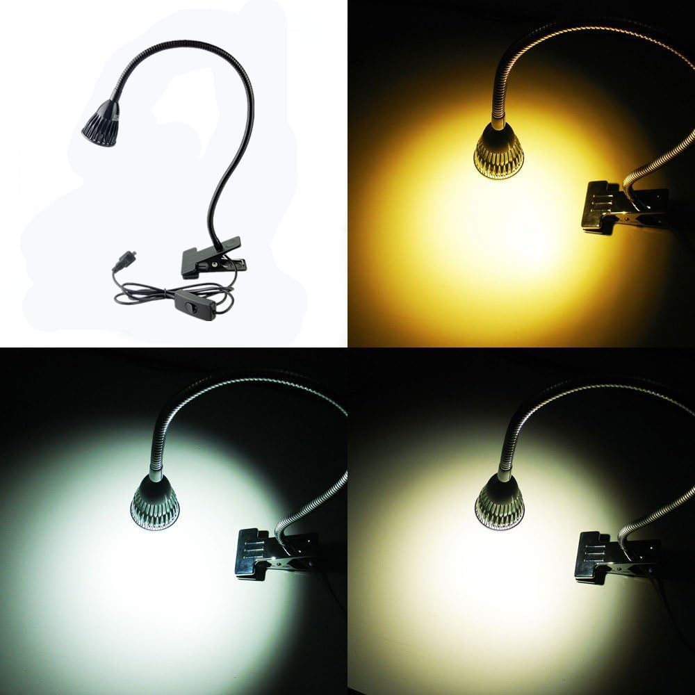 QUANS 5W 3 Colors LED COB Clip on Light Black 19.68 INCH 50 CM Tube Desk Flexible Table Bed Lamp Work Home Design Lighting 110V 220V 85-265VAC with US Plug Switch on Off 500LM (Black)