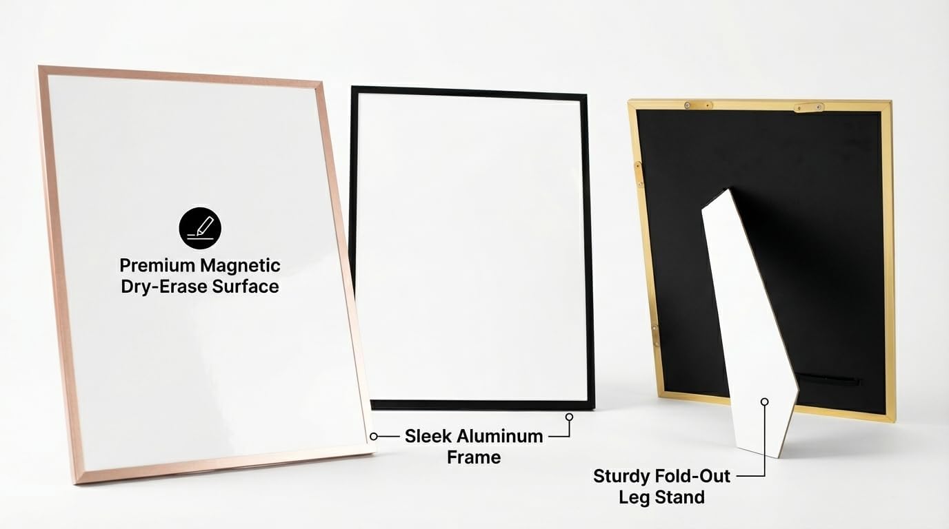 Magnetic Dry Erase Board 12x16 with Foldable Stand, Portable Gold Desktop Whiteboard for Home, Office, School & Kitchen, Includes Weekly & Monthly Magnetic Planner Sheets