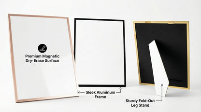 Magnetic Dry Erase Board 12x16 with Foldable Stand, Portable Gold Desktop Whiteboard for Home, Office, School & Kitchen, Includes Weekly & Monthly Magnetic Planner Sheets