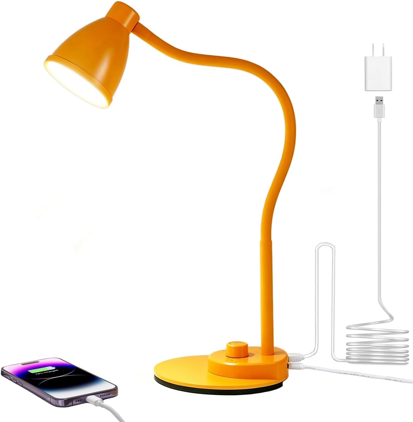 BOHON LED Desk Lamp with USB Charging Port, 3 Color Modes Dimmable Reading Lamp, Auto Dimming Task Lamp, Flexible Neck Table Light for Dorm Bedside, Adapter Include, White