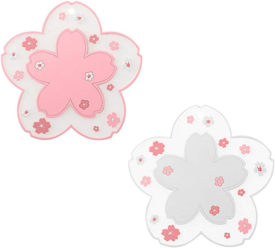 Sakura Coffee Cup Mat Kawaii Coaster 2PCS Cute Cherry Blossom PVC Home Tea Mug Pink Flower Pattern Anti-Skid Pot Bowl Pad Placemat for Desk Drink Table Decor Kawaii Accessories (Small)