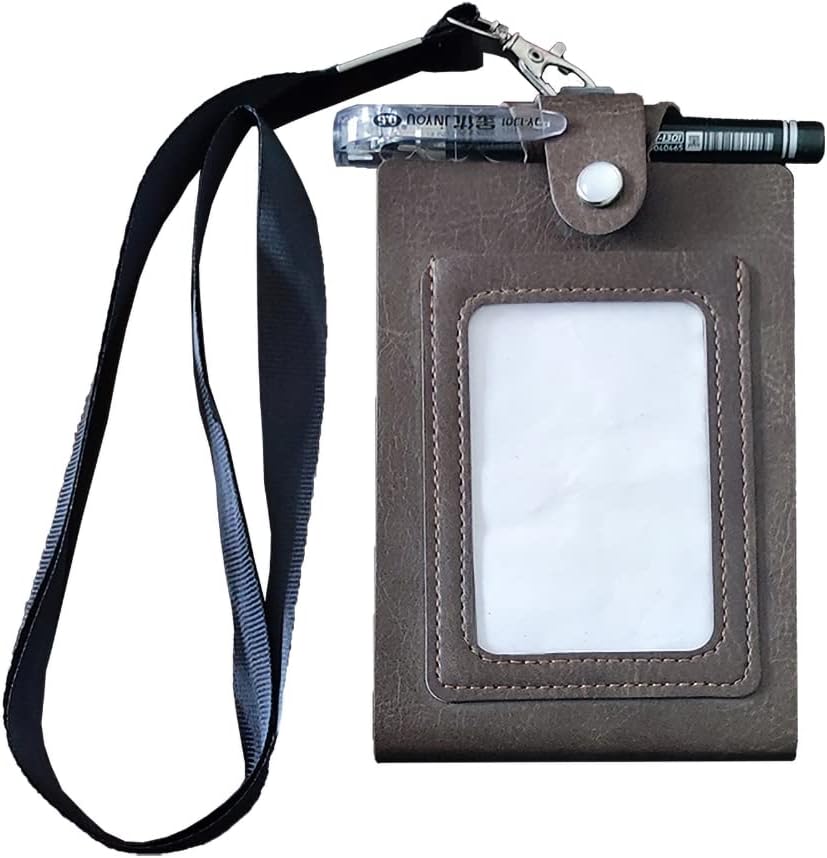 PU Leather Lanyard Meeting Notebook Neck Hanging Notepad with ID Slot and Pen, 3.5X5.1inch, Black