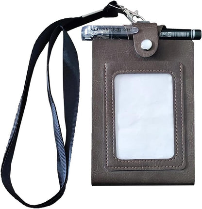 PU Leather Lanyard Meeting Notebook Neck Hanging Notepad with ID Slot and Pen, 3.5X5.1inch, Black