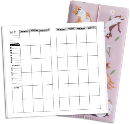 qianshan Travelers Notebook Inserts with PVC Sleeve,Undated Weekly Planner,Weekly To Do List Notepad,TN Journal,30 Sheets,8.5" x 4.7",Pocket Travelers Notebook for Journals,Diaries,Planners,Pink Cat
