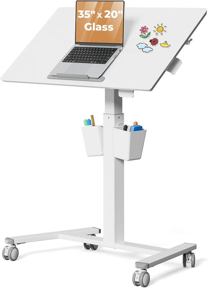 35" Small Glass Mobile Standing Desk, Portable Laptop Cart with Storage & 90° Tilt, Height Adjustable, Rolling Whiteboard on Wheels for Office Home School, White