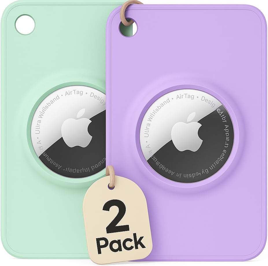 EVEO™ Apple AirTag Wallet Holder – (2 Pack) Ultra Thin Wallet AirTag Card Holder for Apple Tag | Secure Fit Air Tag Card for Carry – AirTag Cardholder *Apple AirTag Not Included– (Green & Purple)