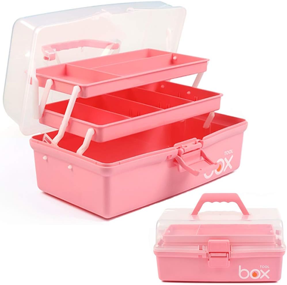 TERGOO 12in 3-Layer Plastic Craft Organizers and Storage, Portable Folding Tackle Box with Handle & Adjustable Dividers, Multipurpose Case for Sewing, Art Supplies, Medicine, Tools (Purple Blue)