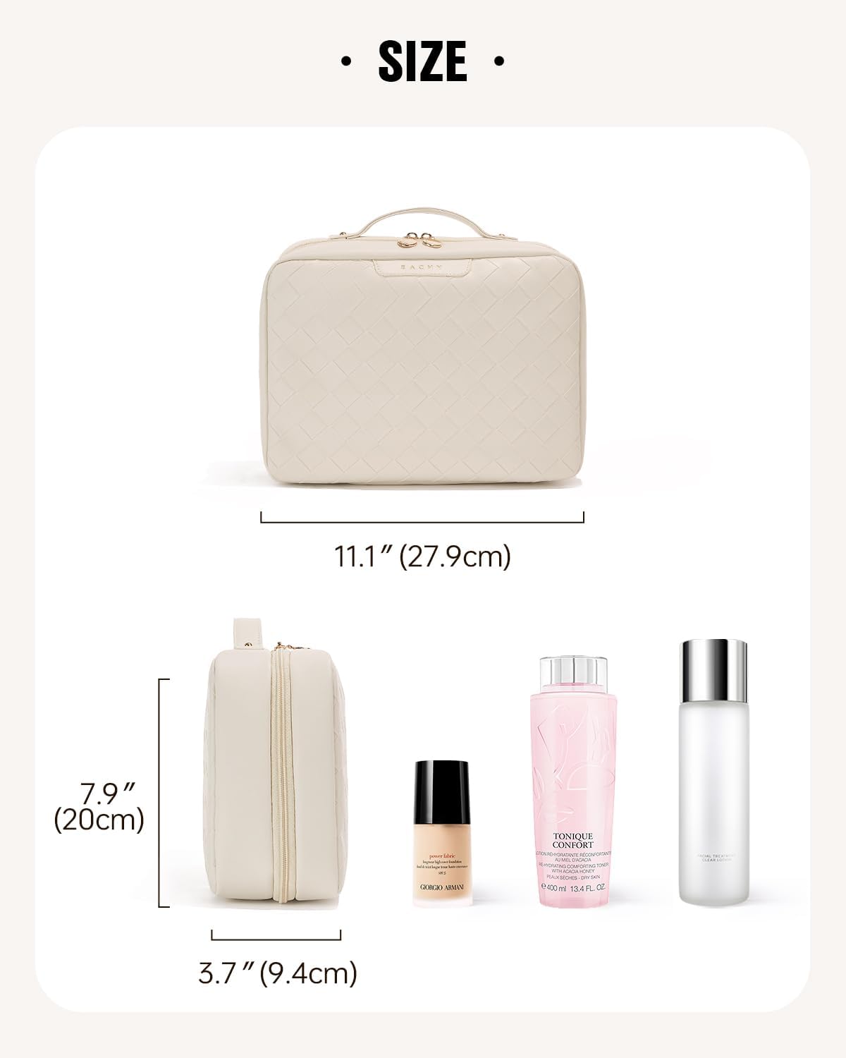 EACHY Toiletry Bag with Hanging Hook, Travel Makeup Bag PU Leather Cosmetic Bags for Women Make Up Organizer with 4 Compartments Waterproof Full-Size Portable Travel Essentials (Beige)
