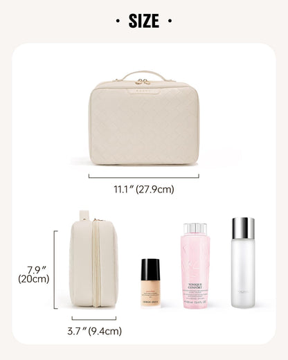 EACHY Toiletry Bag with Hanging Hook, Travel Makeup Bag PU Leather Cosmetic Bags for Women Make Up Organizer with 4 Compartments Waterproof Full-Size Portable Travel Essentials (Beige)