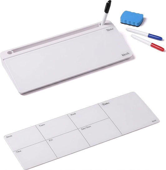 Birch Small Desktop Glass Whiteboard & Magnetic Calendar – Dry Erase Desk Pad Keyboard Stand with Storage, Adjustable Dividers, 3 Markers & Eraser – Office, Home & School (Moss)