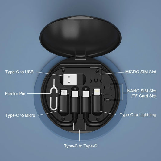 YANZIE USB Adapter Kit, Travel Charging Organizer Case with USB C, Micro USB and Lightning-Compatible Adapters, SIM Card Holder, Eject Pin and Phone Stand for Travel, Office and Car, Black