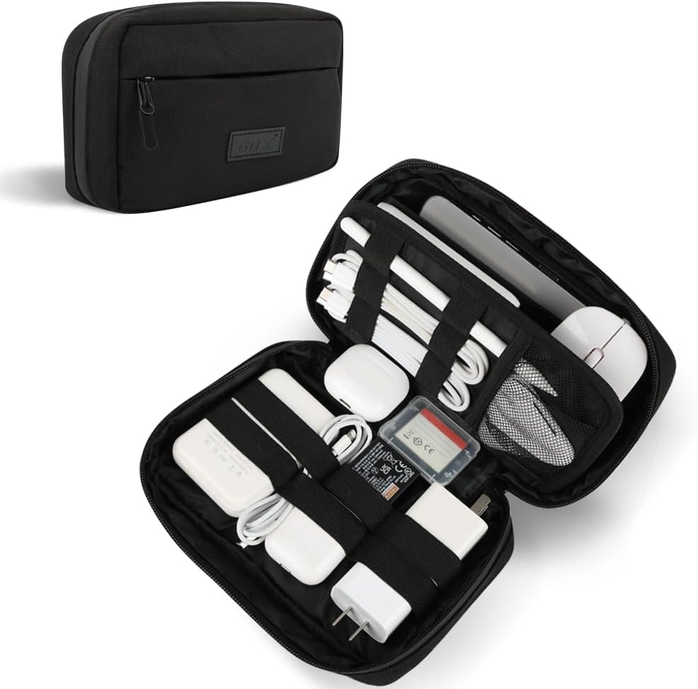 GOX Cable Organizer Travel Bag, Water Resistant Electronic Accessories Case, All-in-One Tech Storage Pouch for Chargers, Cords, Batteries,Phone, Hard Drive & Power Bank, Black