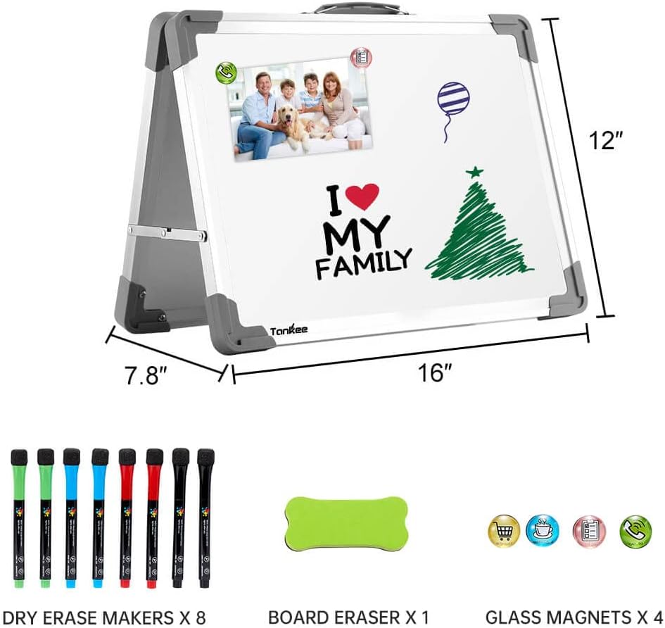 Small Dry Erase White Board – TANKEE Magnetic Desktop Foldable Whiteboard Portable Mini Easel Double Sided on Table Top with Holder for Drawing, Teacher Instruction, Memo Board