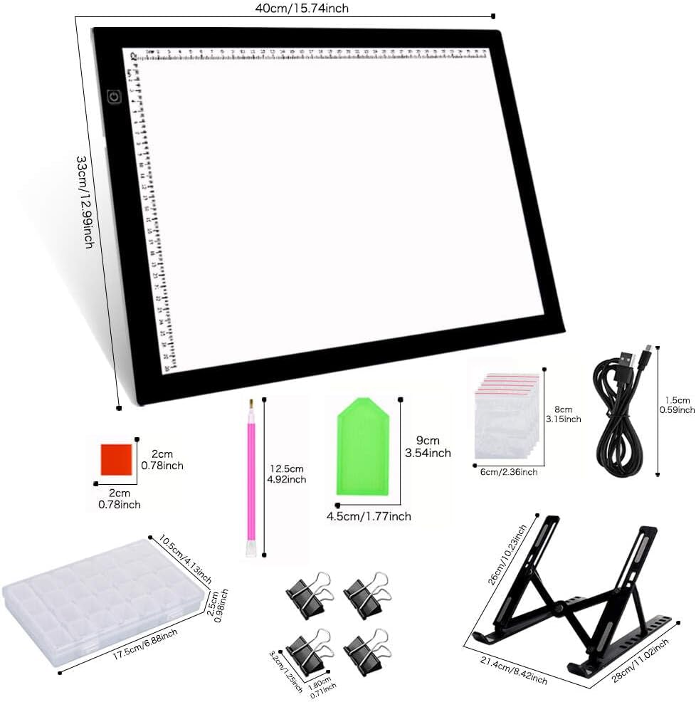 HUAYEYC B4 LED Copy Board Light Tracing Box, 3 Levels Adjustable Brightness Light Pad, for Tattoo Drawing, Streaming, Sketching, Animation, Stenciling, Vinyl Weeding, with 4Pcs Clip and Stand