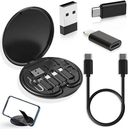 YANZIE USB Adapter Kit, Travel Charging Organizer Case with USB C, Micro USB and Lightning-Compatible Adapters, SIM Card Holder, Eject Pin and Phone Stand for Travel, Office and Car, Black