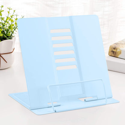 MSDADA Desk Book Stand Metal Reading Rest Book Holder Adjustable Cookbook Documents Holder Bookstands for Recipes Textbook Music Books, the First Day of School Gift for Students, Teachers (Light Blue)