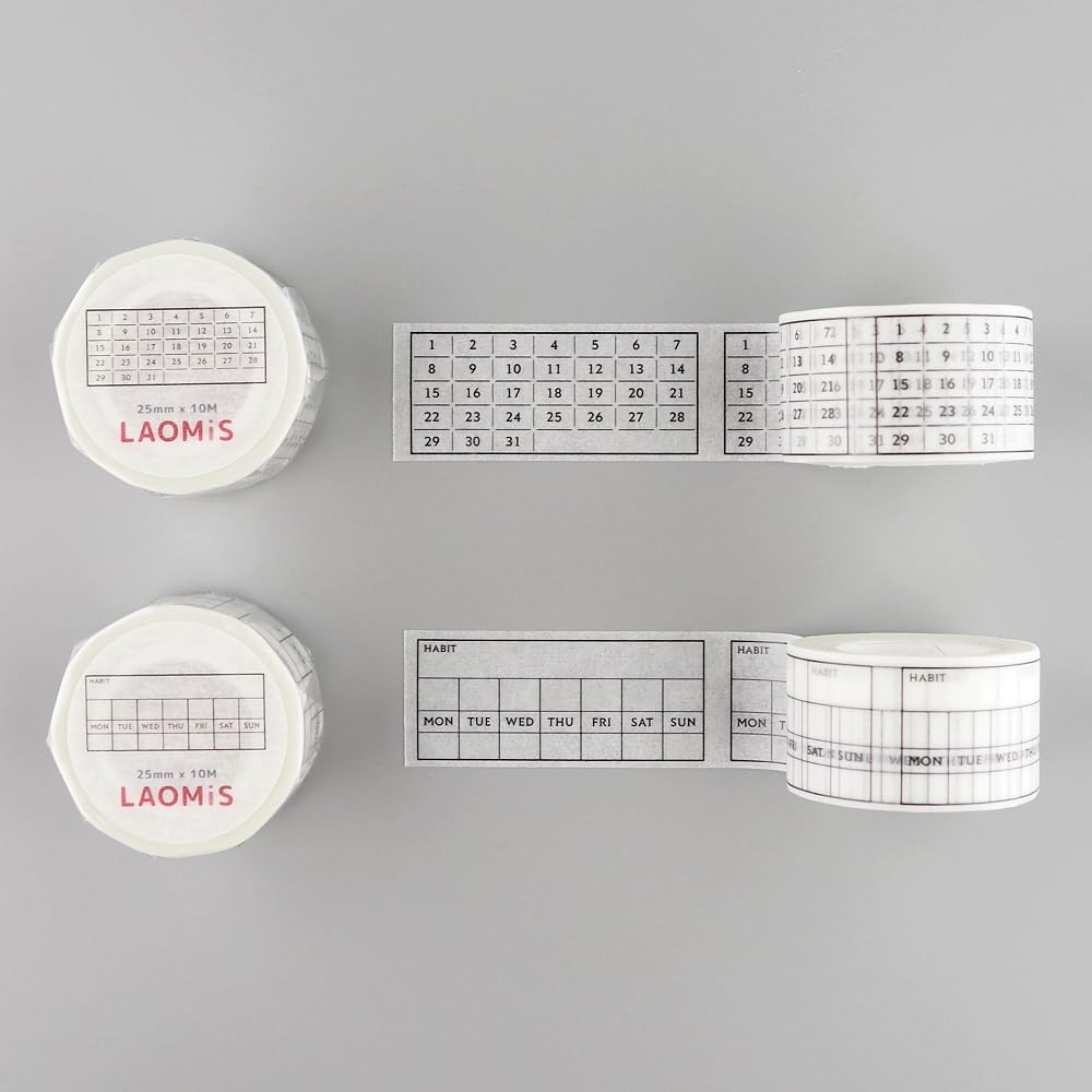 Japanese Habit Tracker Calendar Monthly & Weekly Writable Washi Tapes/Set of 2 / 25mm x 10m / 173 Months & 173 Weeks