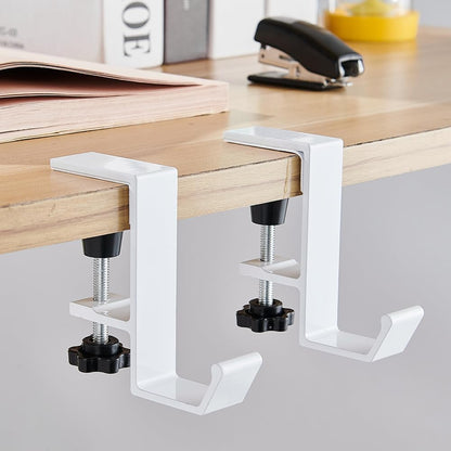 2Pcs Clamp-On Under Desk Headphone Holder Students' Desk Hook Women's Bag Hook with Adjustable Arm Clamp Backpack Handbag and Purse Holder - Suitable for Plate Between 1-5cm / 0.4-1.96” - White