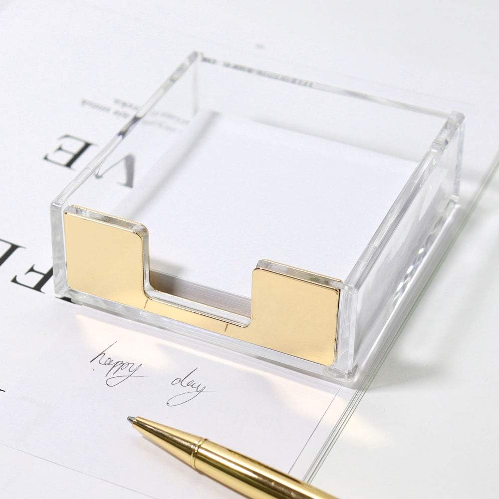 MultiBey Gold Sticky Notes Holder Clear Acrylic Memo Pad Dispenser Post it Note Holder Desk Supplies Organizer Accessories for Office Home Schools (Gold)