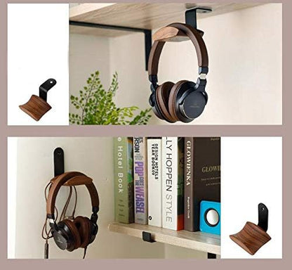 KiaoTime Headphone Hanger Holder - Walnut Wood Headset Stand, Universal Fit (Under-Desk Mount)