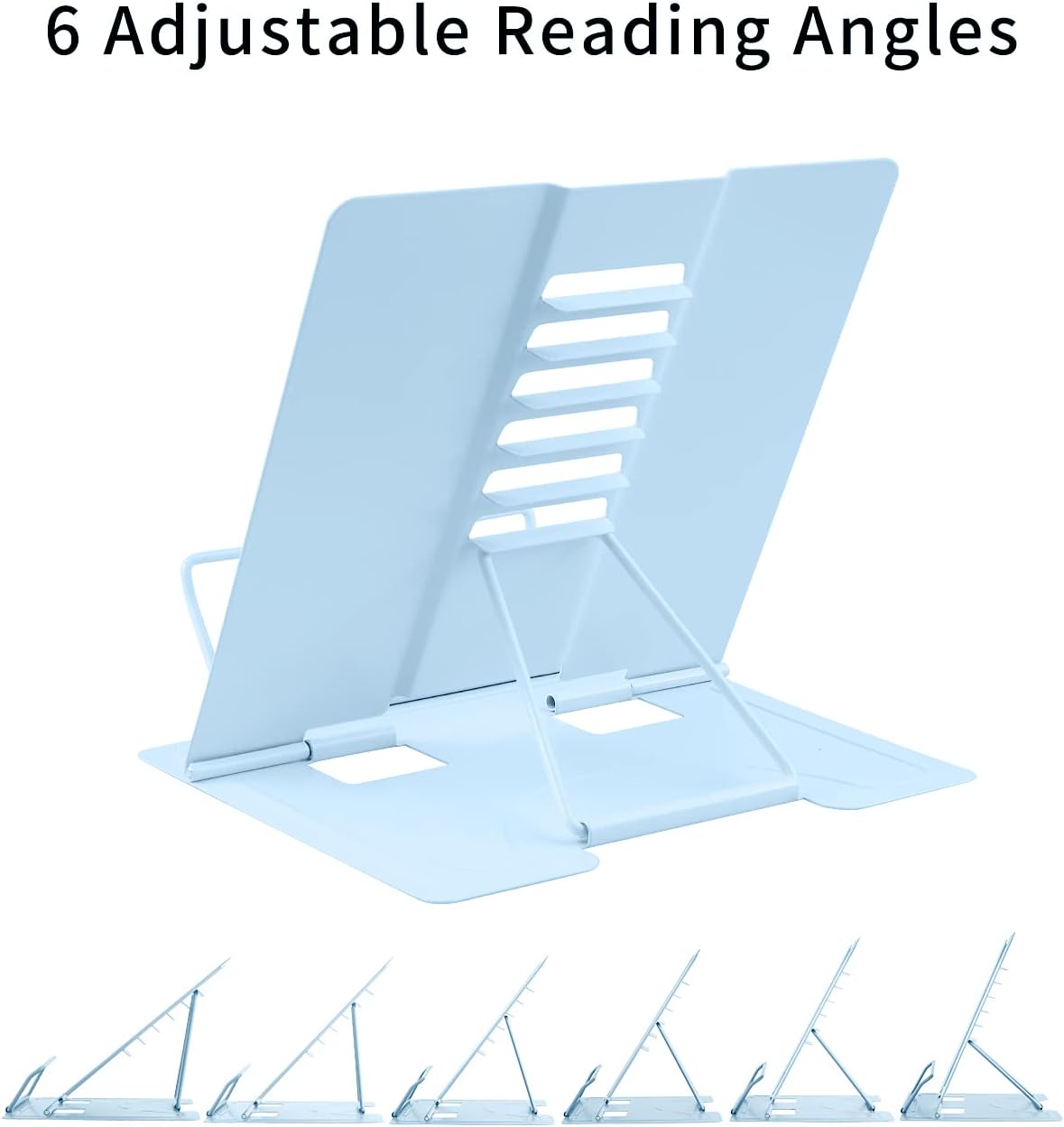 MSDADA Desk Book Stand Metal Reading Rest Book Holder Adjustable Cookbook Documents Holder Bookstands for Recipes Textbook Music Books, the First Day of School Gift for Students, Teachers (Light Blue)