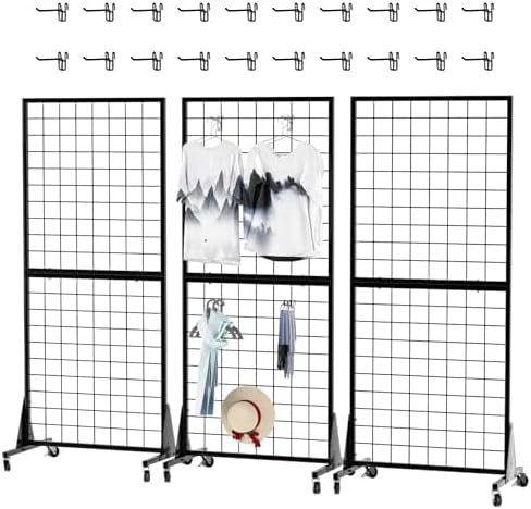 3-Pack 2' x 5.5' Grid Wall Panels Standing Wire Grid, Display Rack with T-Base Wheels Freestanding Gridwall Panel Tower for Shop, for Art Fairs Black