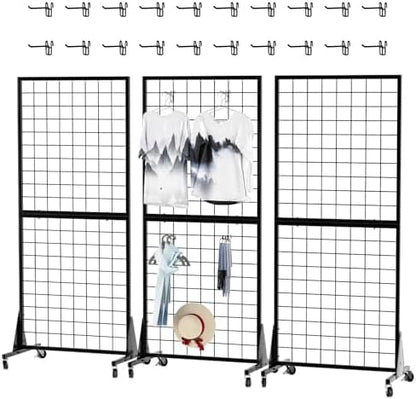 3-Pack 2' x 5.5' Grid Wall Panels Standing Wire Grid, Display Rack with T-Base Wheels Freestanding Gridwall Panel Tower for Shop, for Art Fairs Black