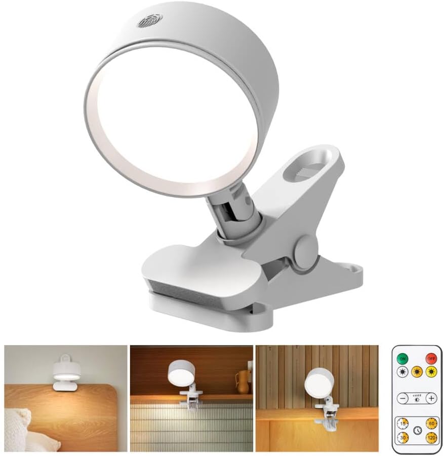 Clip on Light with 5000mAh Rechargeable Battery Operated, Eye Care Reading Light for Bed with 360° Rotation Touch & Remote, USB Clamp Light with 3 Color Modes & Dimmable for Headboard Bedside (white)