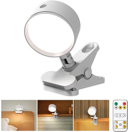 Clip on Light with 5000mAh Rechargeable Battery Operated, Eye Care Reading Light for Bed with 360° Rotation Touch & Remote, USB Clamp Light with 3 Color Modes & Dimmable for Headboard Bedside (white)