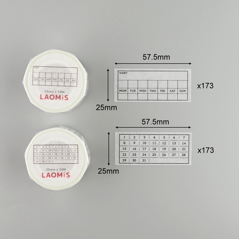 Japanese Habit Tracker Calendar Monthly & Weekly Writable Washi Tapes/Set of 2 / 25mm x 10m / 173 Months & 173 Weeks
