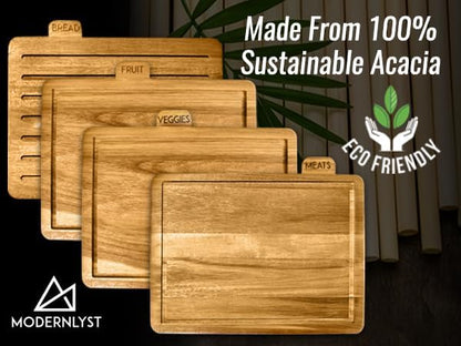 Acacia Cutting Boards for Kitchen with Holder 13" x 11" x 2.5" | Labeled Wood Cutting Board Sets | Large Wooden Cutting Board Set of 4 with Black Organized Stand | Non Toxic Chopping Board