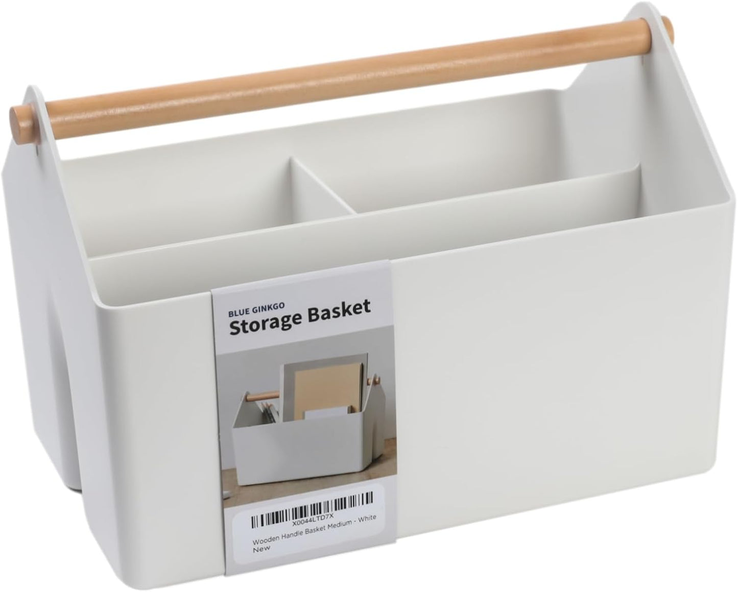 BLUE GINKGO Medium Storage Basket – Plastic Caddy with Wooden Handle for Office, Arts & Crafts, or Home Supplies (Gray)