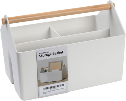 BLUE GINKGO Medium Storage Basket – Plastic Caddy with Wooden Handle for Office, Arts & Crafts, or Home Supplies (Gray)