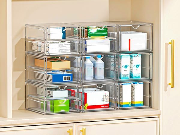 caktraie Makeup Organizer Storage With 16 Drawers, 4 Pcs Desktop Office Supplies, Desk Organizers, Clear Accessories, Dustproof Storage Drawer and for Make Up, Jewelry, Pen, Stationary