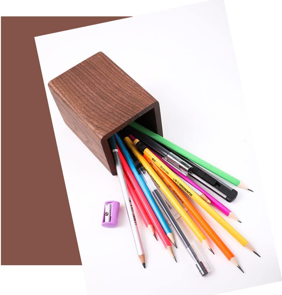 Wooden Pencil Holder, Stationery Organizer, Square Pen Cup Holder, Black Walnut Wood, Handwork, Desk Decoration, for Stationery, Make up Brushes, Desks, Offices (Brown)