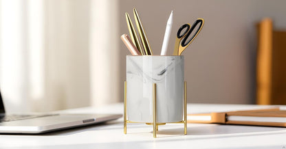 Gold Pencil Cup Sturdy Metal Frame With White Ceramic Pen Holder For Desks and kitchen Appliance Holders