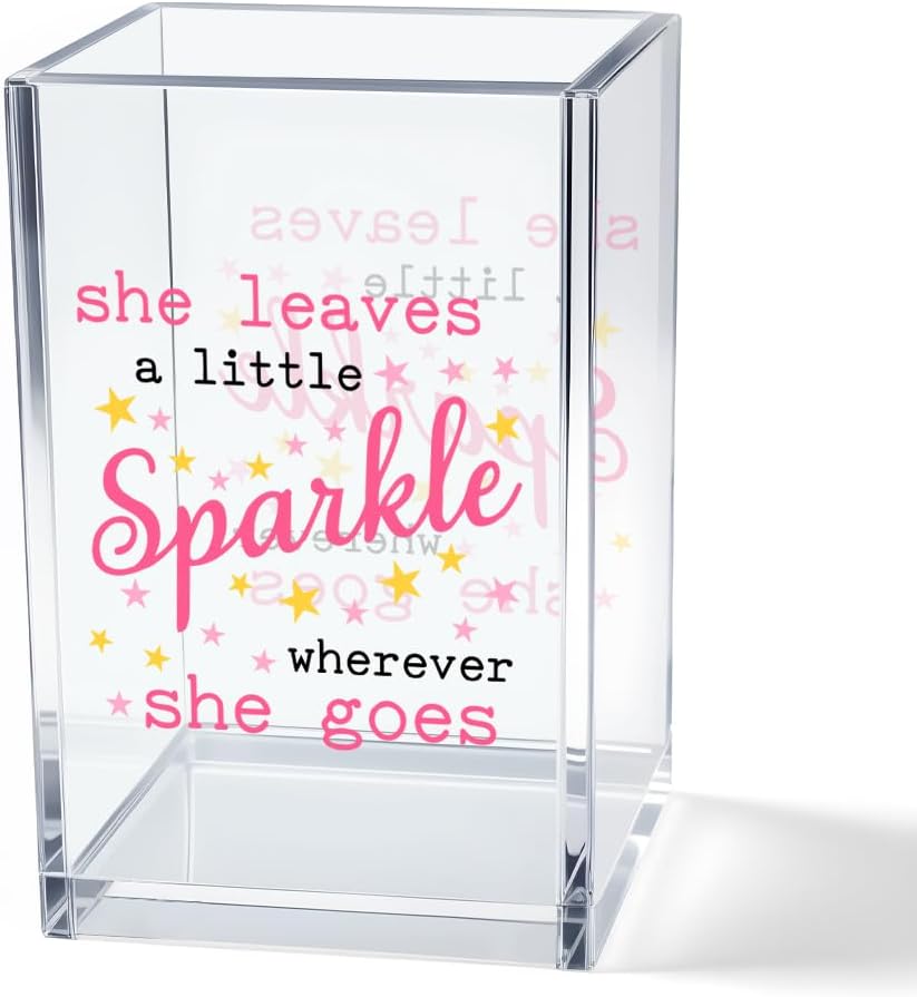 Never Let Anyone Dull Your Sparkle Acrylic Makeup Brush Organizer Holder, Girl Power Desk Acrylic Brushes Storage, Inspirational Quote Gifts for Women Friend Sister Make Up Artist Makeup Lover