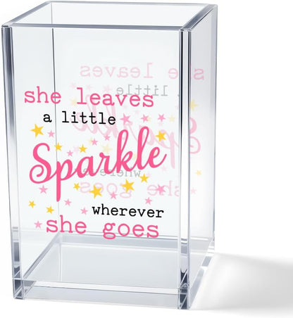 Never Let Anyone Dull Your Sparkle Acrylic Makeup Brush Organizer Holder, Girl Power Desk Acrylic Brushes Storage, Inspirational Quote Gifts for Women Friend Sister Make Up Artist Makeup Lover