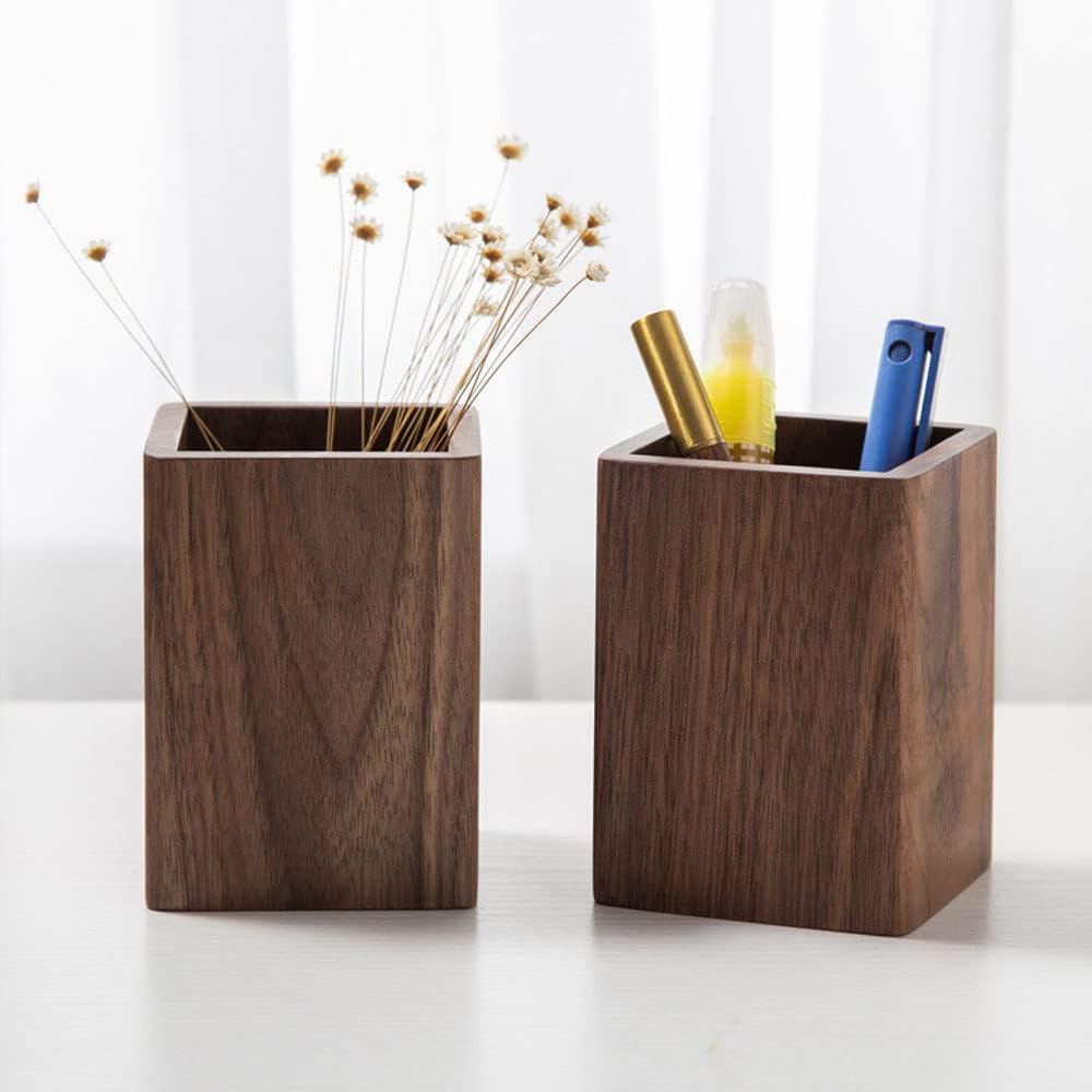Wooden Pencil Holder, Stationery Organizer, Square Pen Cup Holder, Black Walnut Wood, Handwork, Desk Decoration, for Stationery, Make up Brushes, Desks, Offices (Brown)