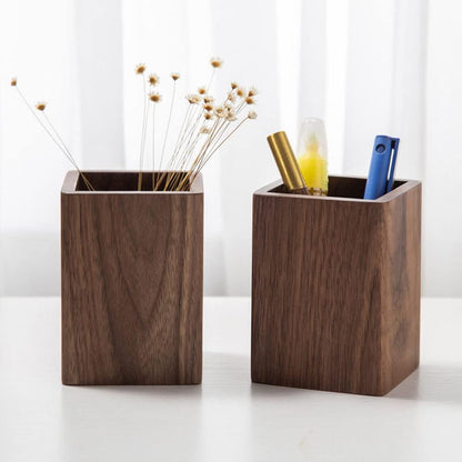 Wooden Pencil Holder, Stationery Organizer, Square Pen Cup Holder, Black Walnut Wood, Handwork, Desk Decoration, for Stationery, Make up Brushes, Desks, Offices (Brown)
