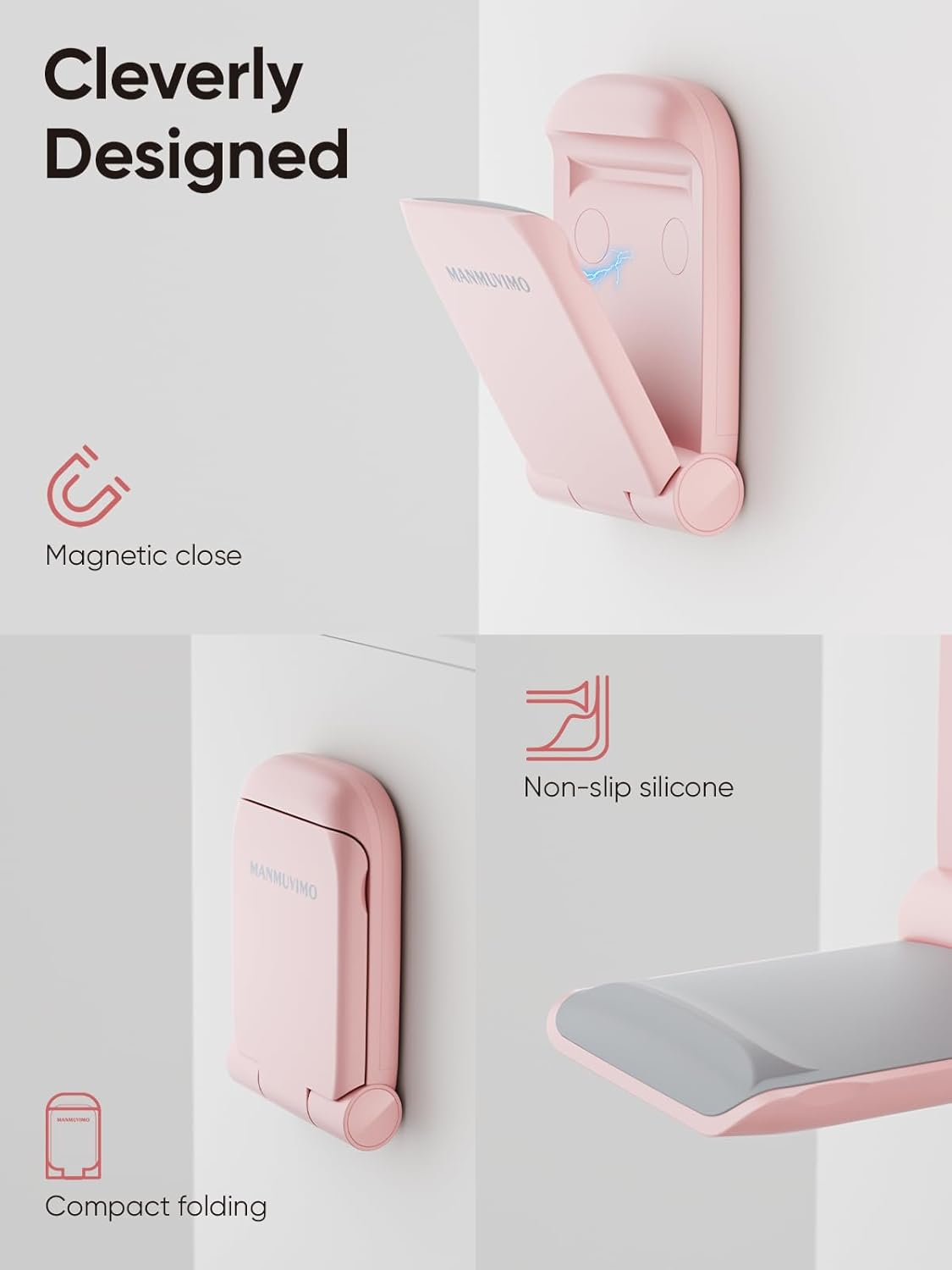 MAMUVIMO Headphone Stand, Headset Stand Foldable ＆ Sticky, Headphone Holder Hook Mount with Non-Slip Silicone, Adhesive Earphone Desk Hanger Clip Space-Saving for Airpods Max, All Earphones- Pink