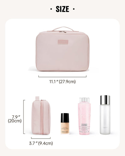 EACHY Toiletry Bag with Hanging Hook, Travel Makeup Bag PU Leather Cosmetic Bags for Women Make Up Organizer with 4 Compartments Waterproof Full-Size Portable Travel Essentials (Beige)