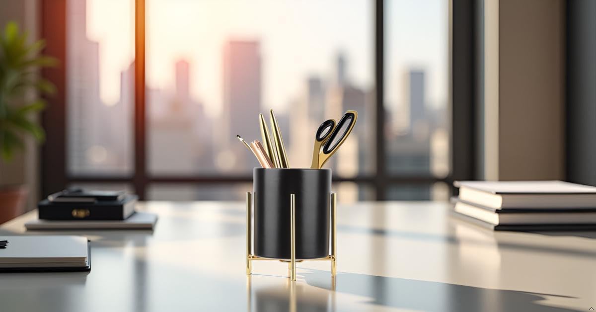 Gold Pencil Cup Sturdy Metal Frame With White Ceramic Pen Holder For Desks and kitchen Appliance Holders
