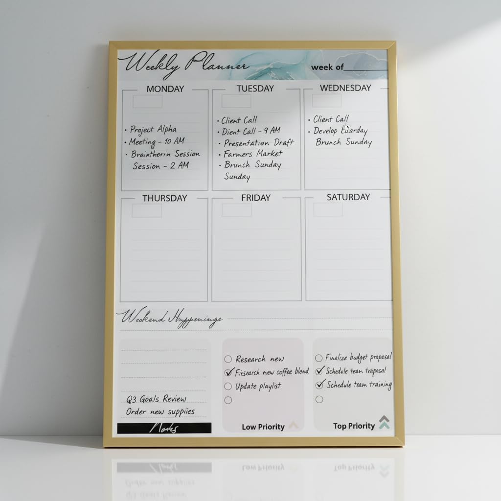 Magnetic Dry Erase Board 12x16 with Foldable Stand, Portable Gold Desktop Whiteboard for Home, Office, School & Kitchen, Includes Weekly & Monthly Magnetic Planner Sheets