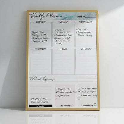 Magnetic Dry Erase Board 12x16 with Foldable Stand, Portable Gold Desktop Whiteboard for Home, Office, School & Kitchen, Includes Weekly & Monthly Magnetic Planner Sheets