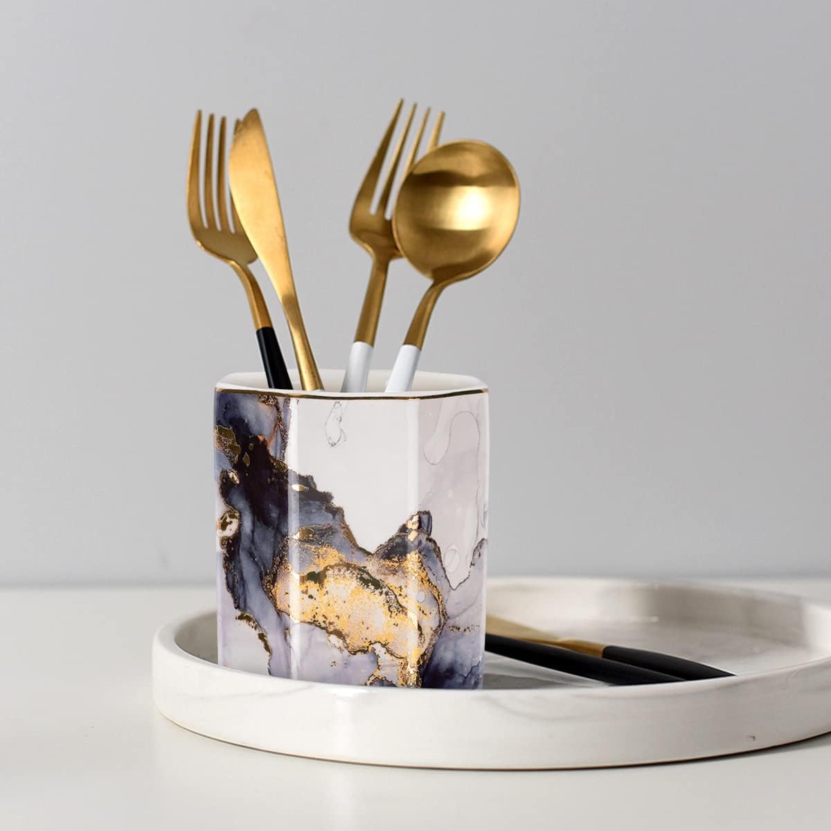 Pen Holder, Pencil Holder for Desk, Marble Desk Organizer Cute, Durable Ceramic Pencil Cup, Decorative Makeup Brush Holder Cup, Stationery Holder for Office, Home, Gray Marble