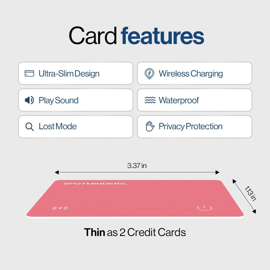 SPOTMINDERS Apple MFi Certified Wallet Tracker PRO for Travel Credit Card Design Works with Apple Find My IP68 Waterproof Rechargeable Tracking Card for Wallet Luggage Passport 0.07in Slim Item Finder
